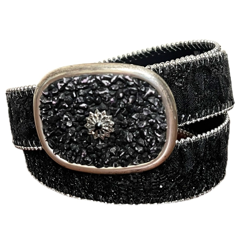 Statement belt black & silver glitter leather embellished buckle EUC OOAK